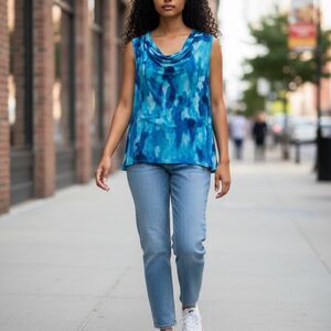 Evan Picone Woman Blue & White Sleeveless Cowl Neck Swing Tunic Size 24W